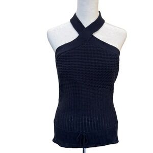 Lauren Ralph Lauren Navy Sweater Halter Knit Top Linen Blend Sleeveless Womens M